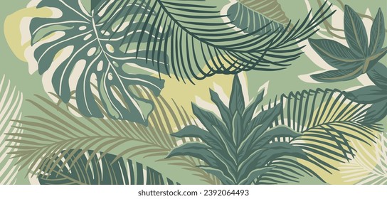 Palm tree and monstera leaves, vector hand drawn illustration, tropical theme background