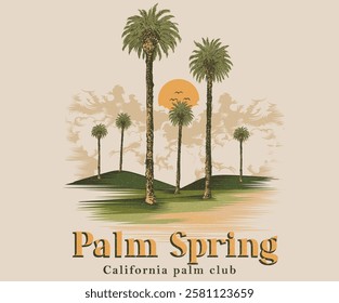 Palm tree with mountain print artwork. Palm springs watercolor graphic print design for t shirt print, poster, sticker, background and other uses.