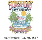 Palm tree with mountain retro print artwork. Beach vibes. sun and moon. Tropical flower. Beach hand sketch graphic print design for t shirt print, poster, sticker, background and others. Sunshine. 