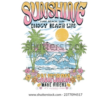 Palm tree with mountain retro print artwork. Beach vibes. sun and moon. Tropical flower. Beach hand sketch graphic print design for t shirt print, poster, sticker, background and others. Sunshine. 