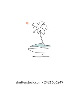 Palm tree, mountain, sea one line drawing art. Abstract tropical island continuous line. Travel concept, minimalist line art. Hand drawn vector illustration in modern minimal style for logo, tattoo