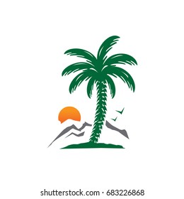 palm tree with mountain and sun, illustration design, isolated on white background. 
