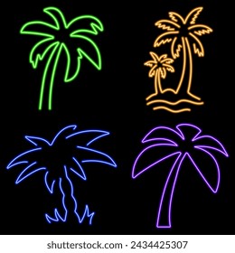 palm tree neon icon group, vector illustration on black background.