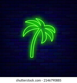 Palm tree neon icon. Summer concept. Travel and relax. Night bright signboard. Outer glowing effect banner. Editable stroke. Vector stock illustration