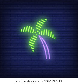 Palm tree neon sign. Bright palm tree on dark brick wall background. Night bright advertisement. Vector illustration in neon style for hot climate and tropics