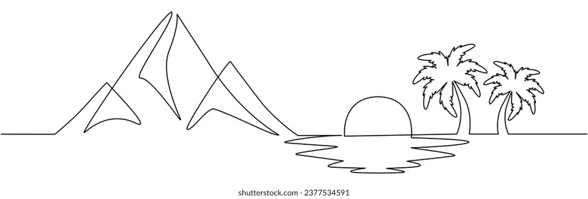 Árbol de palma con dibujo continuo de líneas oceánicas y montañosas. Paisaje tropical. Ilustración vectorial aislada en blanco.