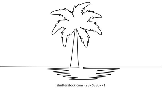 Palm tree with ocean water continuous line drawing. Tropic coconut tree. Vector illustration isolated on white. 