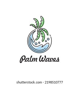 Palm Tree Ocean Wave Monoline Logo Design