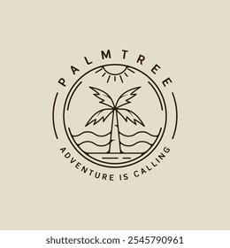palm tree and ocean waves line art logo vector simple minimalist illustration template icon graphic design. coconut tree and sea wave sign or symbol for travel company with circle badge typography