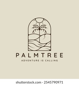 Palmera y oleaje del océano Vector del logotipo del arte de la línea Ilustración minimalista simple Diseño gráfico del icono de la Plantilla Árbol de coco y onda del mar con el signo del sol o el símbolo para la compañía de viaje con la insignia