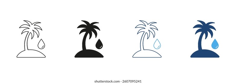 Palm Tree with Oil Drop Line and Silhouette Icon Set. Palm Oil Production and Environmental Issues in Agriculture and Industry. Editable Stroke. Isolated Vector Illustration.