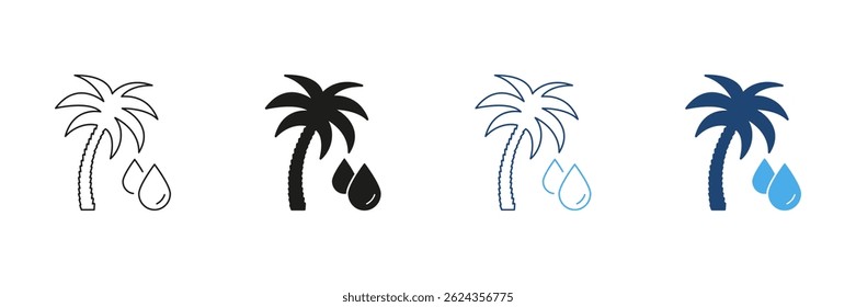 Palm Tree With Oil Drops Line and Silhouette Icon Set. Palm Oil Production And Industry In Agriculture And Economy. Editable Stroke. Isolated Vector Illustration.