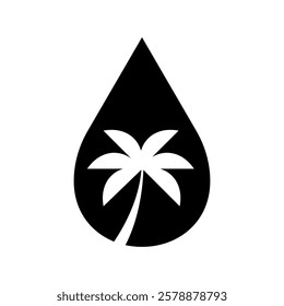 Palm Tree Oil or Oil Free Vector Flat Icon Design on White Background. Tropical Logo Symbol. Organic Food Label Illustration with Drop for Web, Packaging.