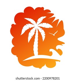 Palm tree on abstract tropical print. Orange silhouette beach isolated on white background. Coconut tree, bird, sun and shore for design summer prints. Travel icon. Vector illustration