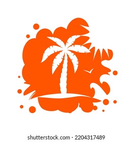 Palm tree on abstract tropical print. Orange silhouette beach isolated on white background. Coconut tree, bird, sun and shore for design summer prints. Travel icon. Vector illustration