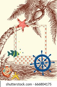 Palm tree on the beach background, photo frame and summer holiday design elements for scrapbooks