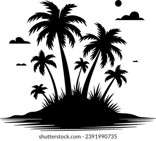 Palm Tree On The Beach By The Sea Silhouette Vector EPS