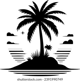 Palm Tree On The Beach By The Sea Silhouette Vector EPS