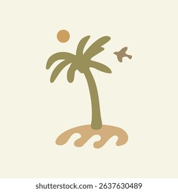 Palm tree on the beach in pastel colors on a light background. Hand drawn vector abstract graphic, flat art with organic shapes. Simple beach concept design for print, logo, web.