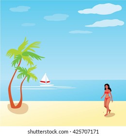 Palm tree on the beach. Sailboat on the waves
