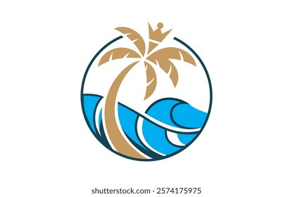 A palm tree is on a beach and the sun is setting Beach Logo Design Vector