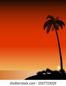 Palm tree on beach at sunset. Vector illustration.