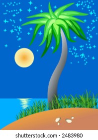 Palm tree on coast of ocean.