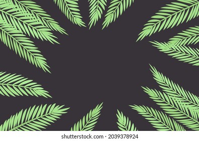 Palmeras de fondo oscuro, espacio de reproducción para la decoración de las tarjetas de temática tropical. Hojas tropicales verdes, ramas hawaianas de selva, flora vegetal elementos decorativos para fiestas en la isla. Ilustración del vector