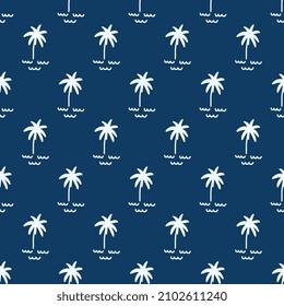 palmera sobre un fondo azul profundo, fondo de patrón sin soldadura para textiles y tejidos, papel tapiz de playa, diseño de papel envolvente de jabón, vector de eps 10