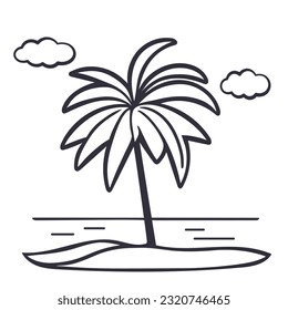 Palm tree on island hand drawn landscape. Tropical paradise island, ink doodle sketch style. Beach on coast of ocean, vector illustration