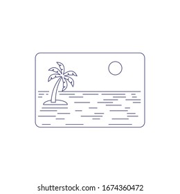 Palm tree on an island in the middle of the sea. Painting with landscape in line art. The concept of rest. Icon of an uploaded image. Vector illustration on isolated white background.