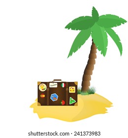 Palm tree  on island  with  tourist bag vector isolated on white