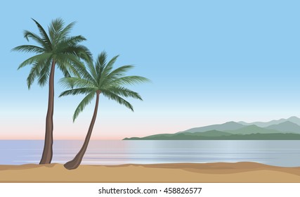 Palm tree on the ocean beach. Nature floral landscape Tropical beach resort skyline. Summer holidays background. Seaside Sunrise View Poster. Vector  resort wallpaper