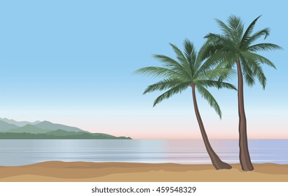 Palm tree on the ocean beach. Nature floral landscape Tropical beach resort seascape skyline. Summer holidays background. Seaside Sunrise View Poster. Vector  resort wallpaper