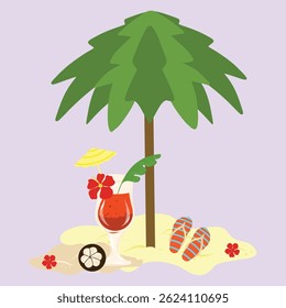 Palm tree on a sand, cocktail, sandals, flower on a background. Tropical beach composition illustration.