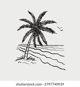 Palm tree on a sandy beach shore with ocean waves and seagulls. Tropical island resort, summer travel vacation. Exotic trip. Hand drawn vector sketch illustration in vintage crayon charcoal style