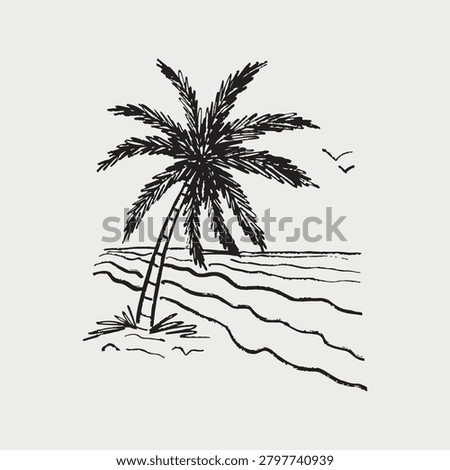 Palm tree on a sandy beach shore with ocean waves and seagulls. Tropical island resort, summer travel vacation. Exotic trip. Hand drawn vector sketch illustration in vintage crayon charcoal style