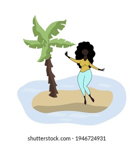 Palm tree on the sandy coast. Afro American woman dancing on the island. Holiday illustration in the tropics. Tourism and recreation theme.