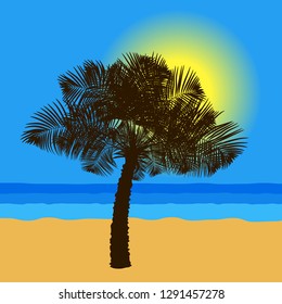 Palm tree on the sea coast at sunset. Vector illustration EPS10