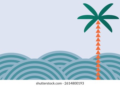 Palm tree on the sea. Summer minimalist geometric modern landscape. Vector vertical template with place for text.
