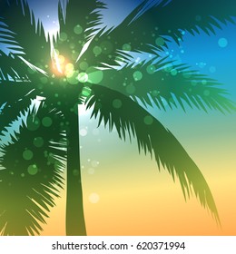 Palm tree on seashore background. Vector illustration.