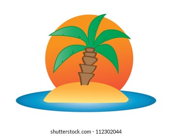 Palm tree on small island with sun in the background