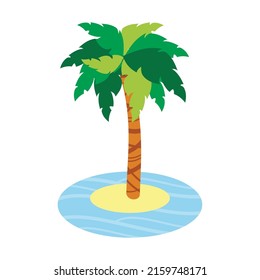 Palm tree en una pequeña isla aislada de fondo blanco, paisaje vectorial ilustración con palmera, para videojuegos o dibujos animados