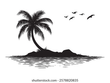 A palm tree is on a small island in the ocean