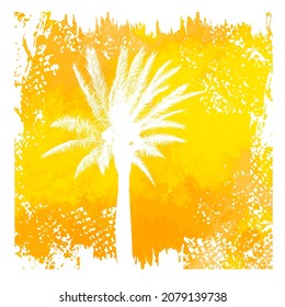 Palm tree on sunny yellow old background . Hello summer. Vector illustration