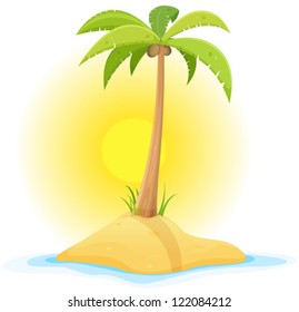 Palm Tree On Tropical Desert Island/ Illustration Of A Cartoon Piece Of Sand In Tropical Ocean Background With Palm Tree, Coconut, And Little Desert Island Beach