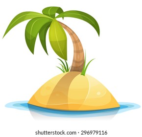 Palm Tree On Tropical Desert Island/
Illustration of a cartoon tropical palm tree or coconut on little desert island beach