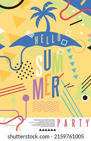 Palm tree on tropical island conceptual summer party poster template. Vector design.