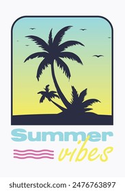 Palm tree on the tropical island with cool typography. Summertime design.