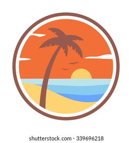 Palm tree on the tropical island. Vector icon.